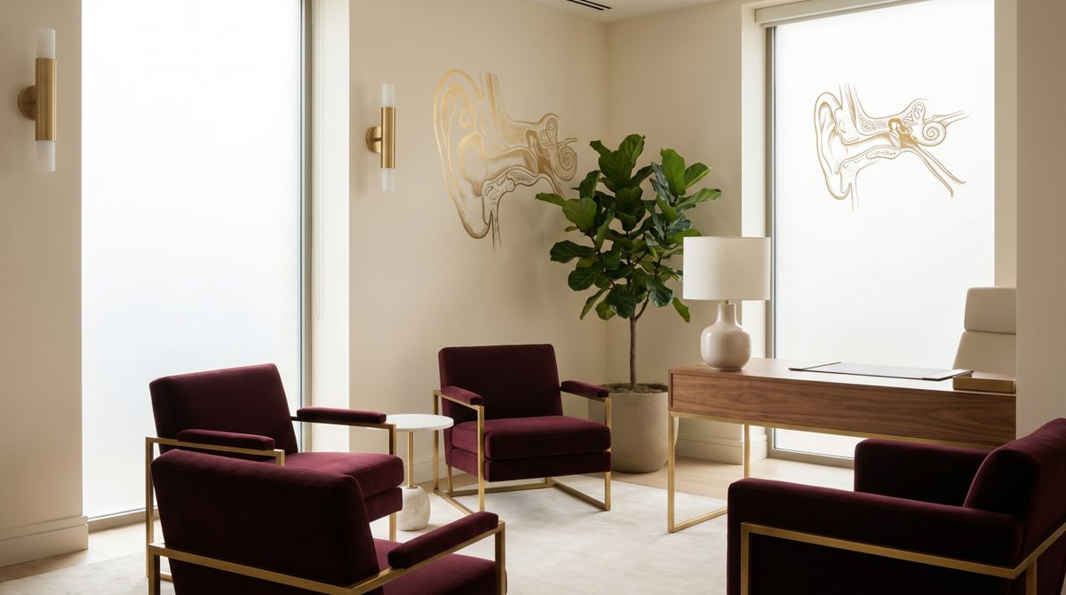 Ambiente clínico Espaço Otorrino — sala de espera com poltronas vinho e arte anatômica em ouro