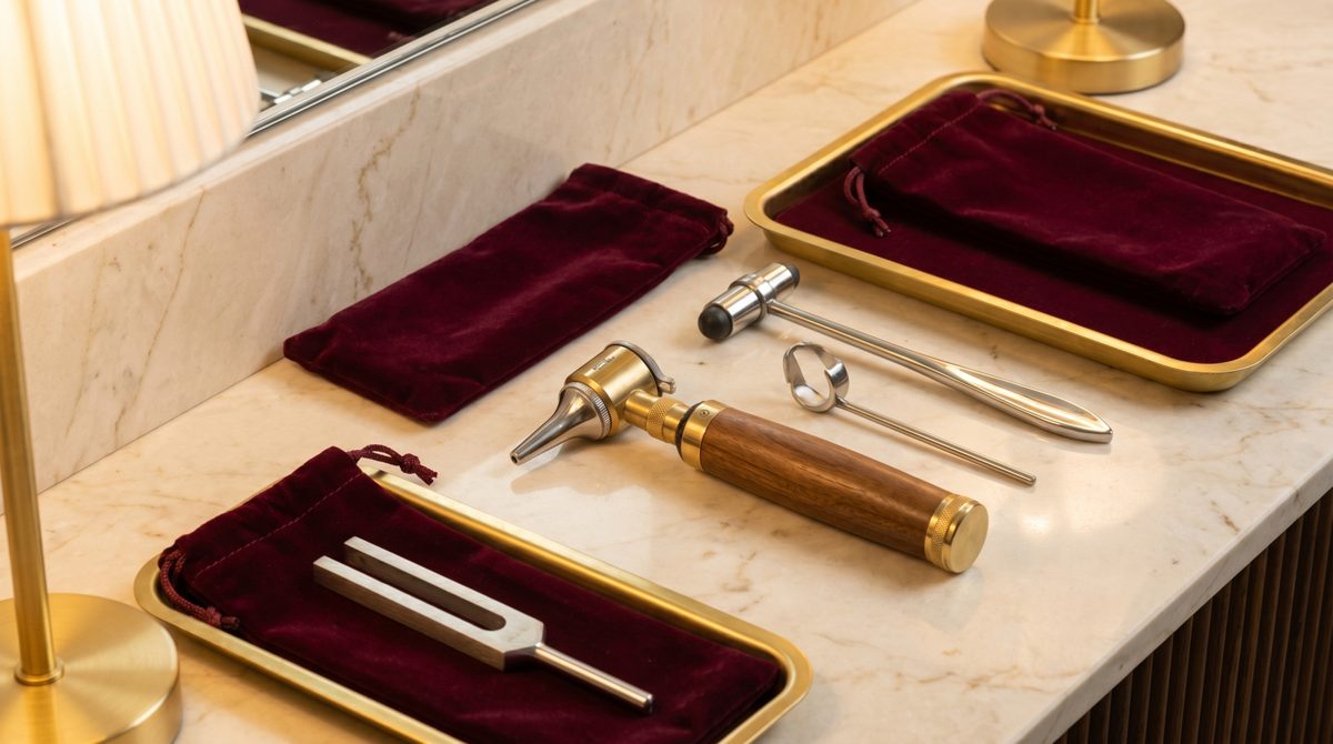 Instrumentos otorrinolaringológicos em superfície de mármore com detalhes em vinho e ouro